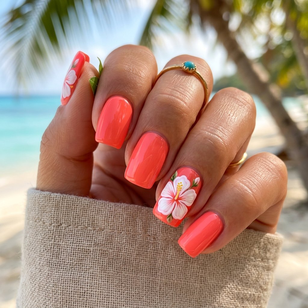 White Hibiscus on Vivid Coral Base