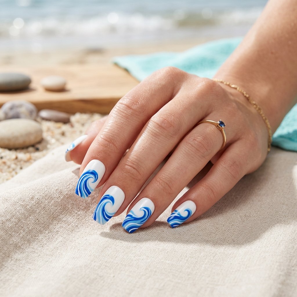 White Short Coffin Nails with Blue Wave Art