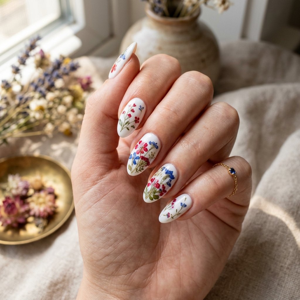 White Nails with Red and Blue Pressed Flower Style