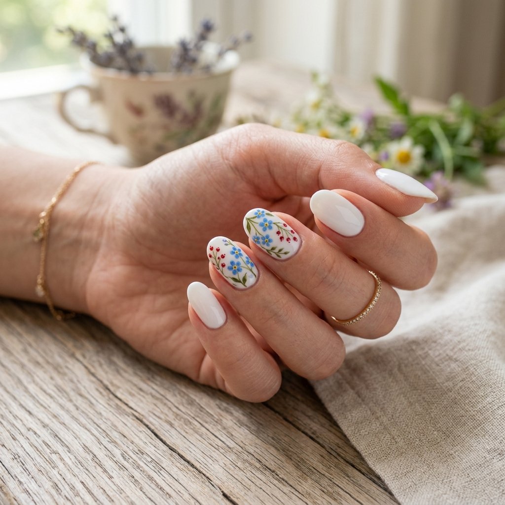 White Nails with Red Berry and Blue Forget-Me-Not Florals