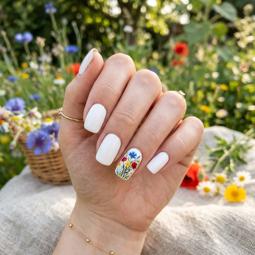 White Nails with Blue and Red Wildflower Bouquet