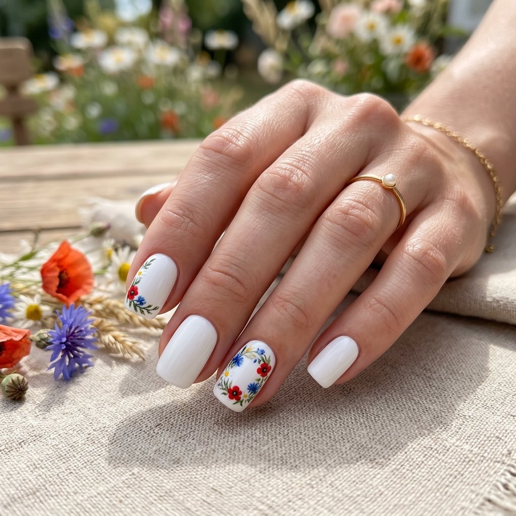 Soft Red Nails with Blue Morning Glory Accent