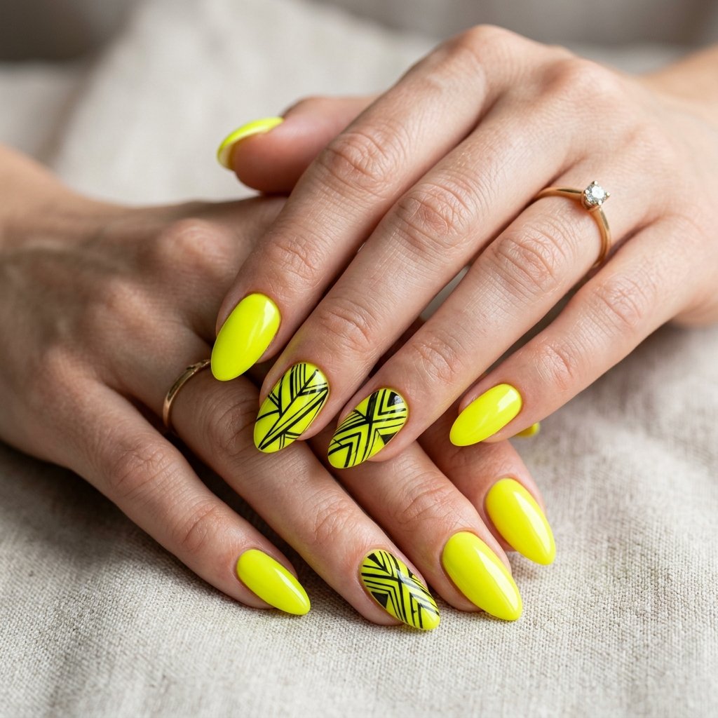 Neon Yellow Nails with Black Geometric Lines