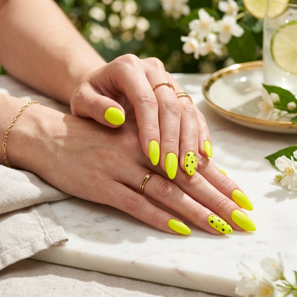 Neon Yellow Nails with Tiny Black Stars
