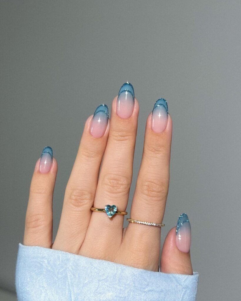 Blue Ombre French Nails with Glitter Tips