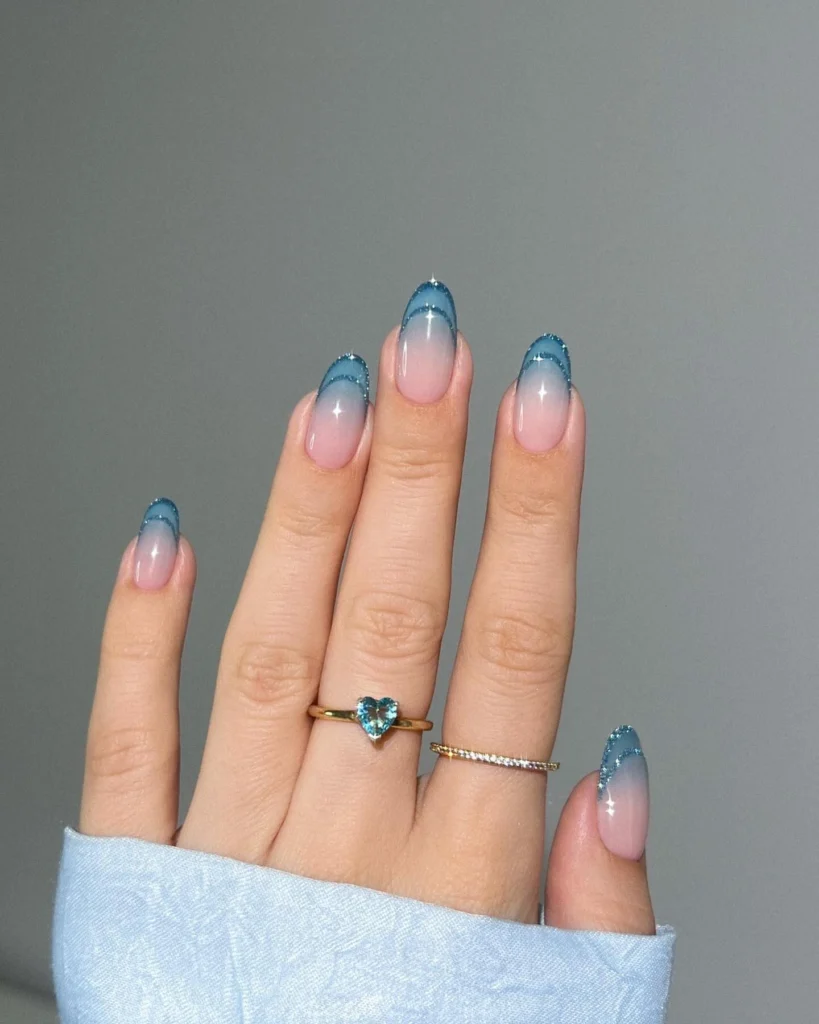 22 Blue Nails Design Ideas You Need to Try for a Chic Manicure 15 Blue Ombre French Nails with Glitter Tips