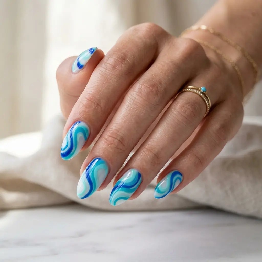 23 Blue Ocean Nails Ideas That Bring Coastal Vibes to Your Manicure 4 Aqua Swirl Nails