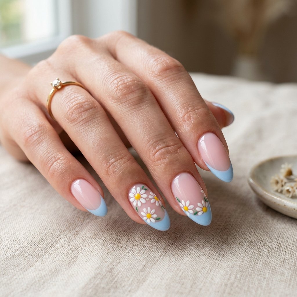 16 Blue Nails With Daisy Ideas for a Fresh Floral Manicure 5 Baby Blue Daisy French Tips