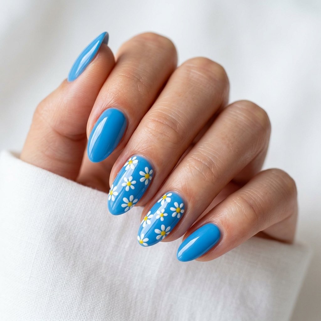 17 Blue Nails With Flowers Ideas for a Soft and Elegant Manicure 2 Blue Daisy Accent Nails