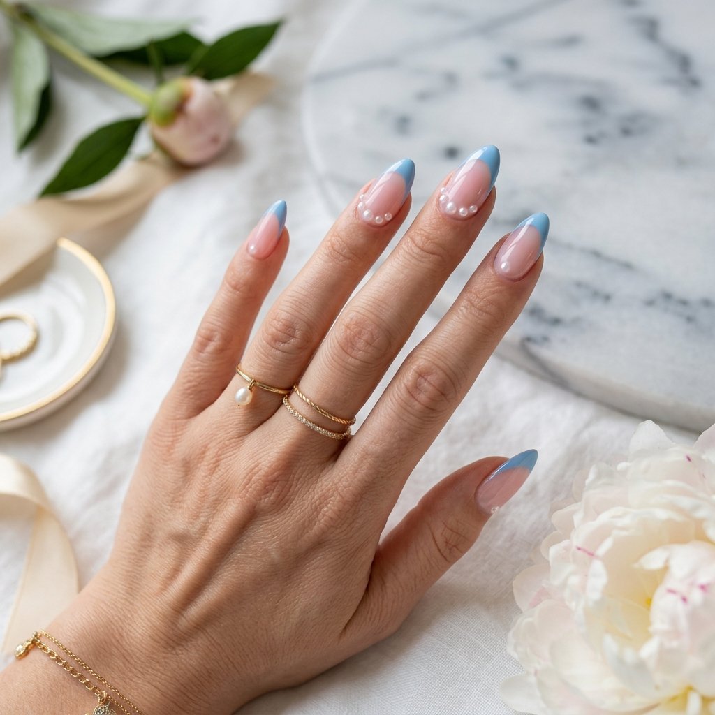 Blue French Tips with Pearls