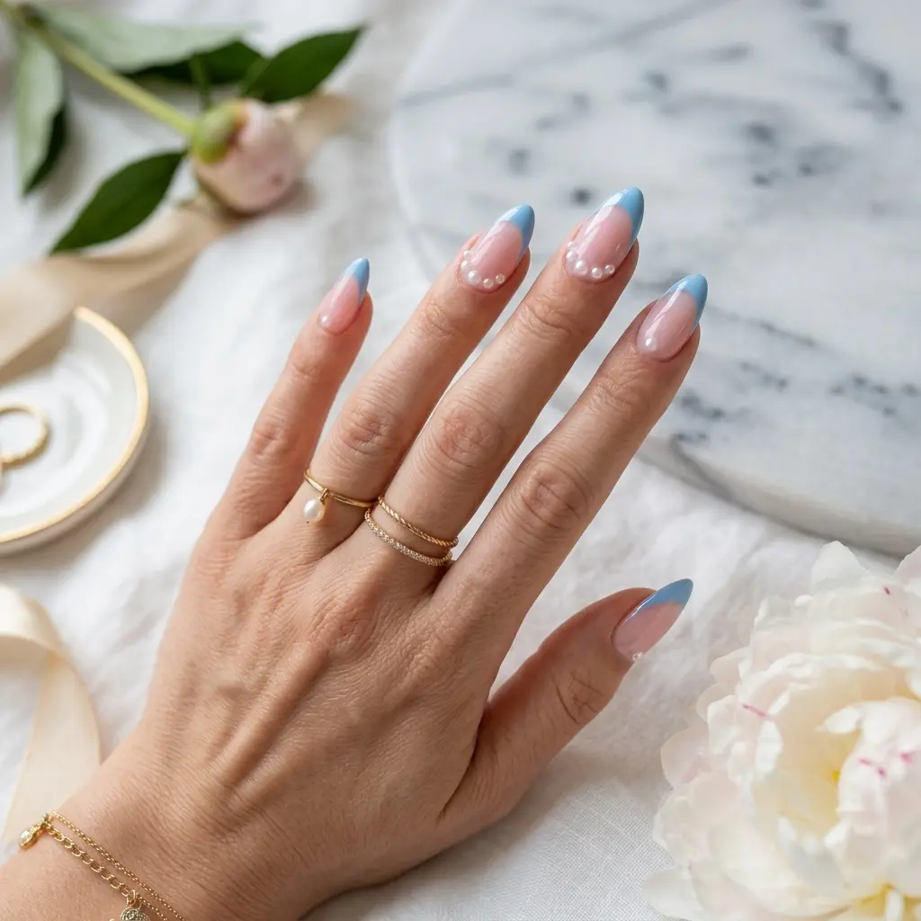 Blue French Tips with Pearls
