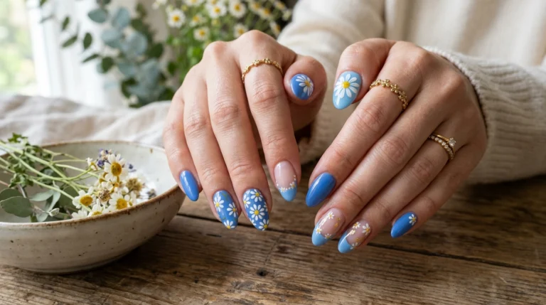 Blue Nails With Daisy Ideas