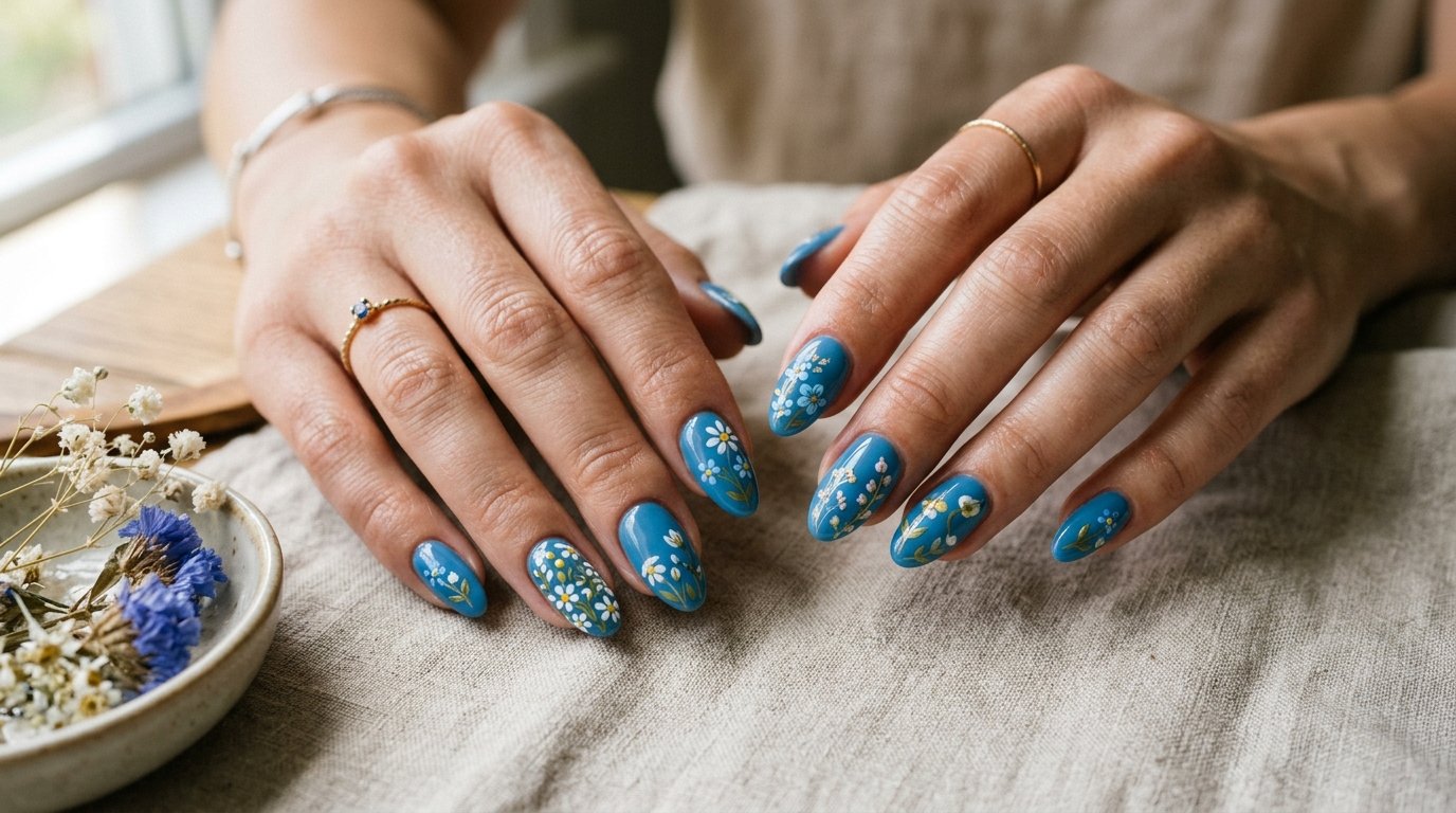 Blue Nails With Flowers