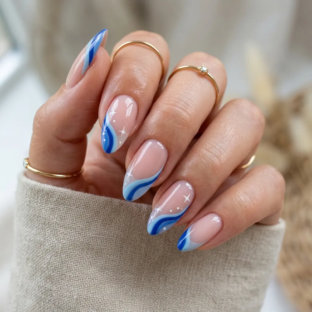 Blue Abstract French Nails