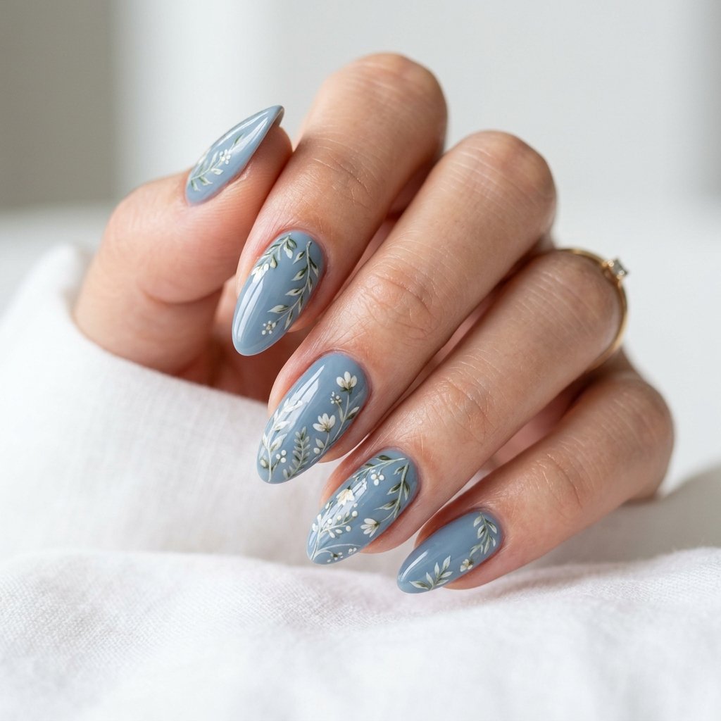17 Blue Nails With Flowers Ideas for a Soft and Elegant Manicure 17 Soft Blue Botanical Nails
