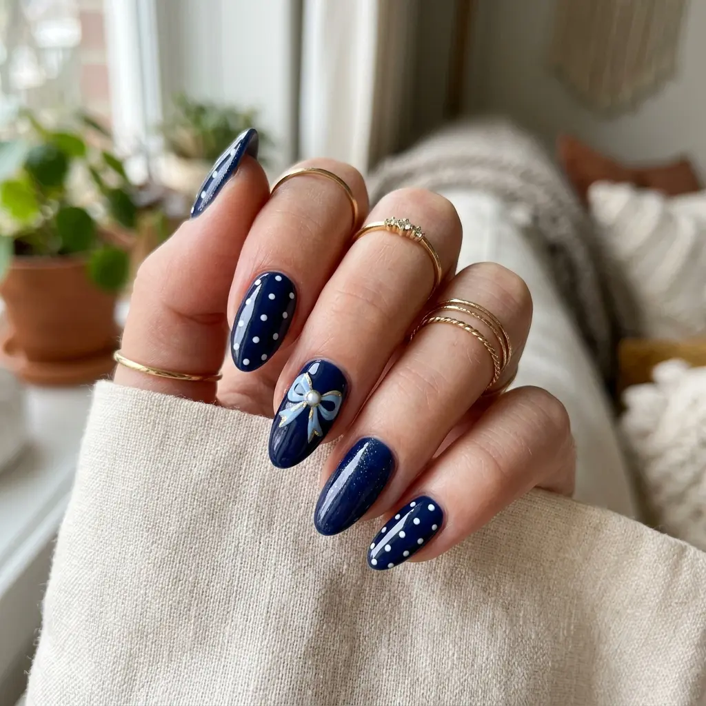 Blue Bow and Polka Dot Nails