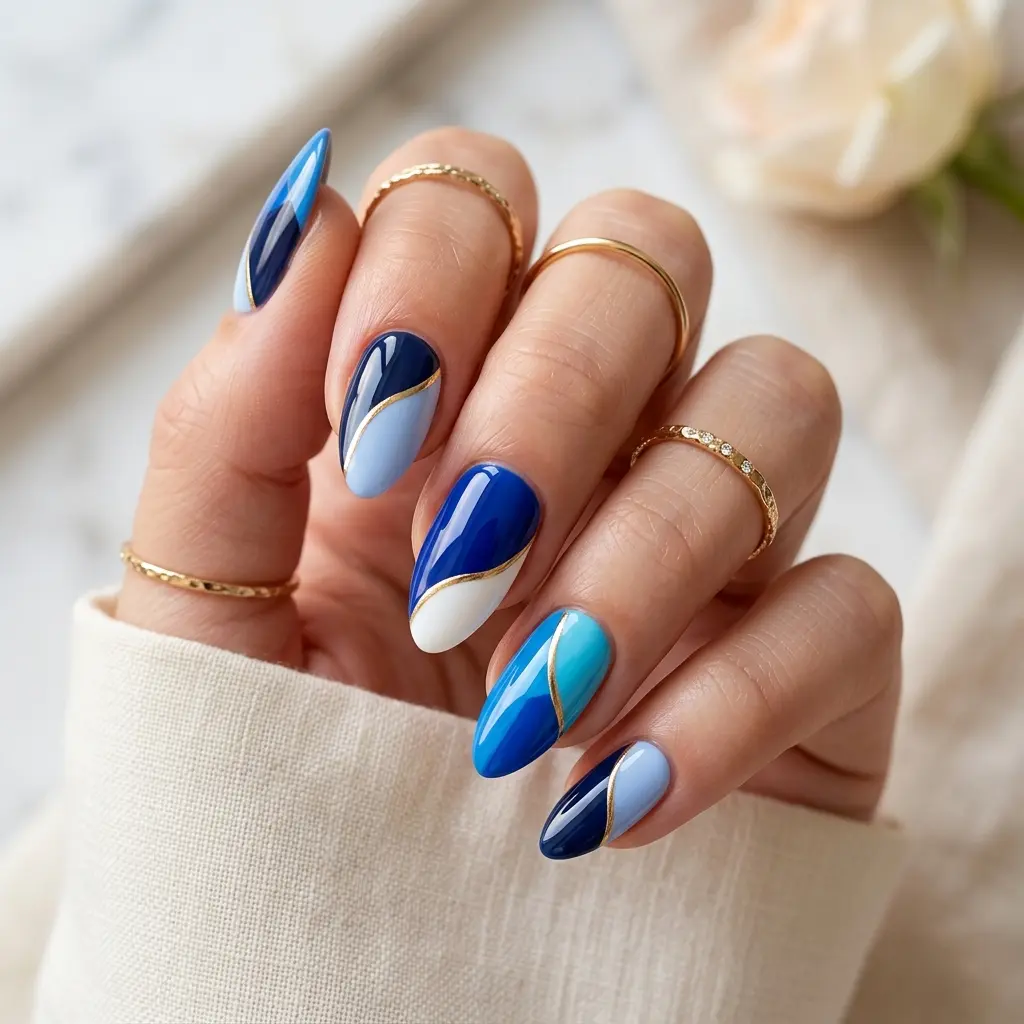 Blue Color Block Nails