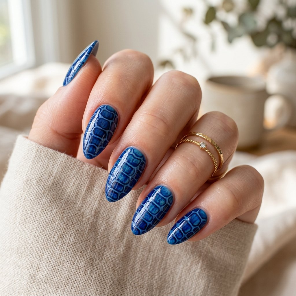 Blue Crocodile Print Nails