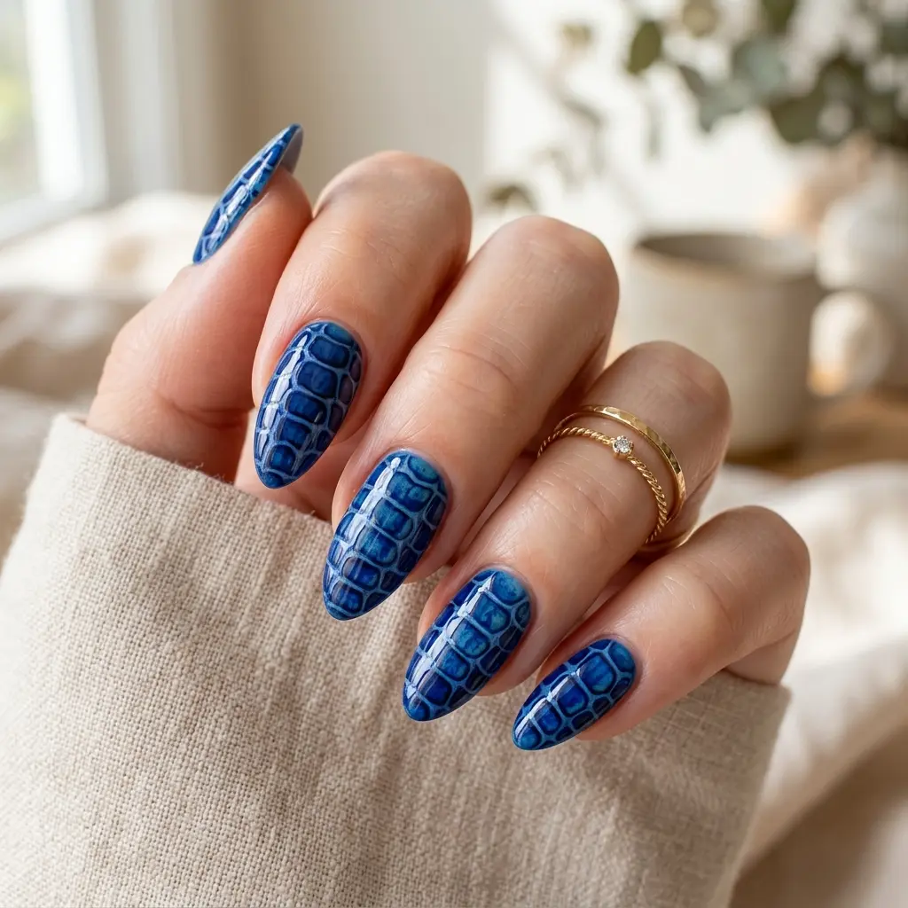 Blue Crocodile Print Nails