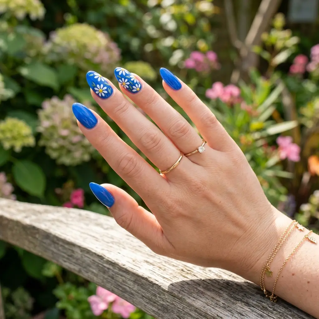 Blue Daisy Accent Nails