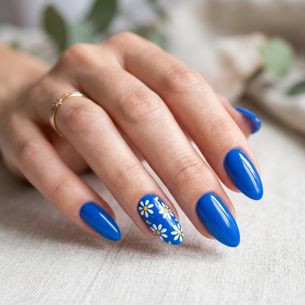 18 Blue Nails Inspiration Ideas Everyone Is Loving Right Now 4 Blue Daisy Accent Nails