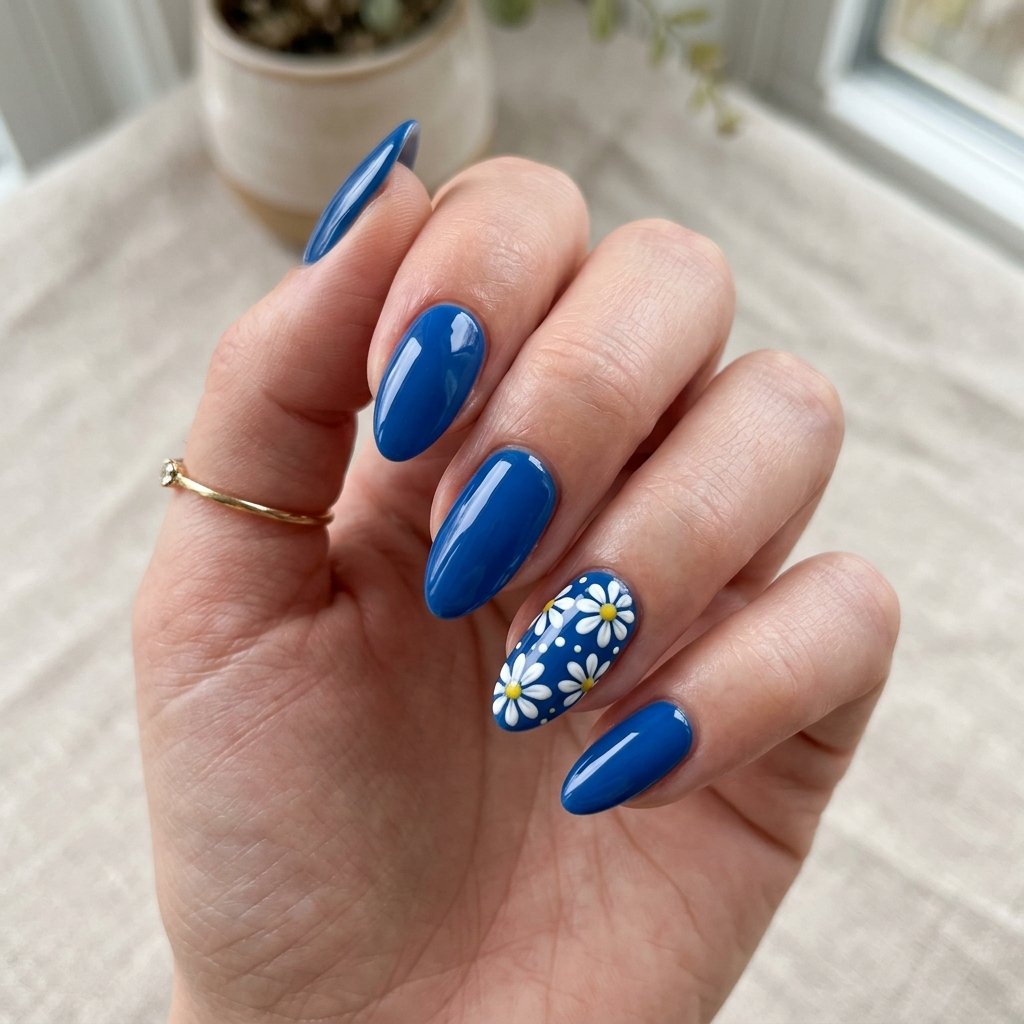 16 Blue Nails With Daisy Ideas for a Fresh Floral Manicure 2 Classic Blue Daisy Accent Nails