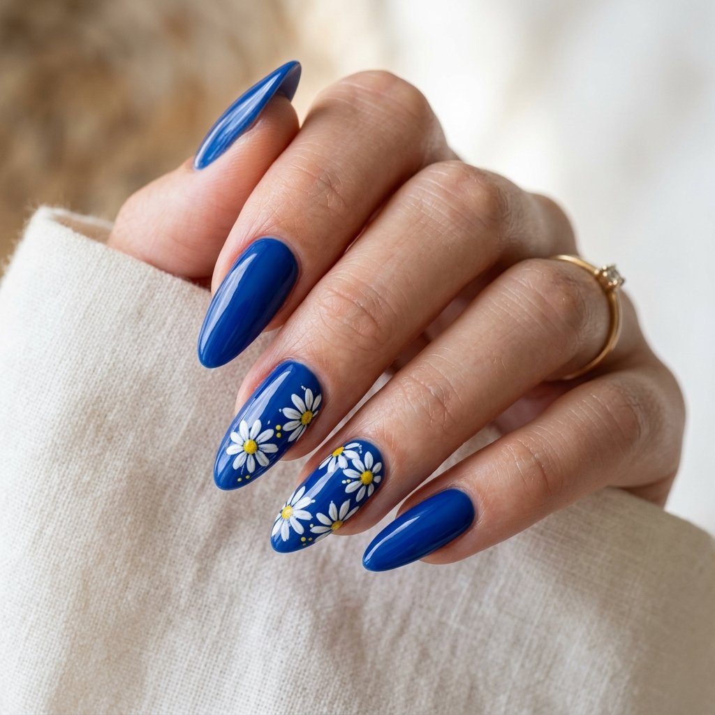 16 Blue Nails With Daisy Ideas for a Fresh Floral Manicure 6 Blue Daisy Almond Nails