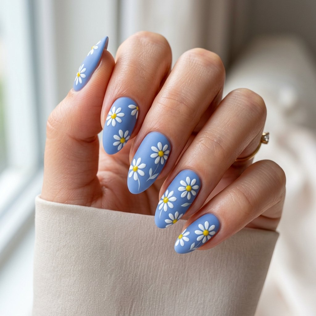 16 Blue Nails With Daisy Ideas for a Fresh Floral Manicure 15 Matte and Glossy Blue Daisy Nails