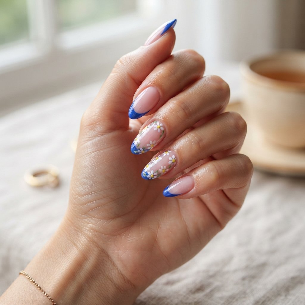 16 Blue Nails With Daisy Ideas for a Fresh Floral Manicure 8 Blue Floral French Nails