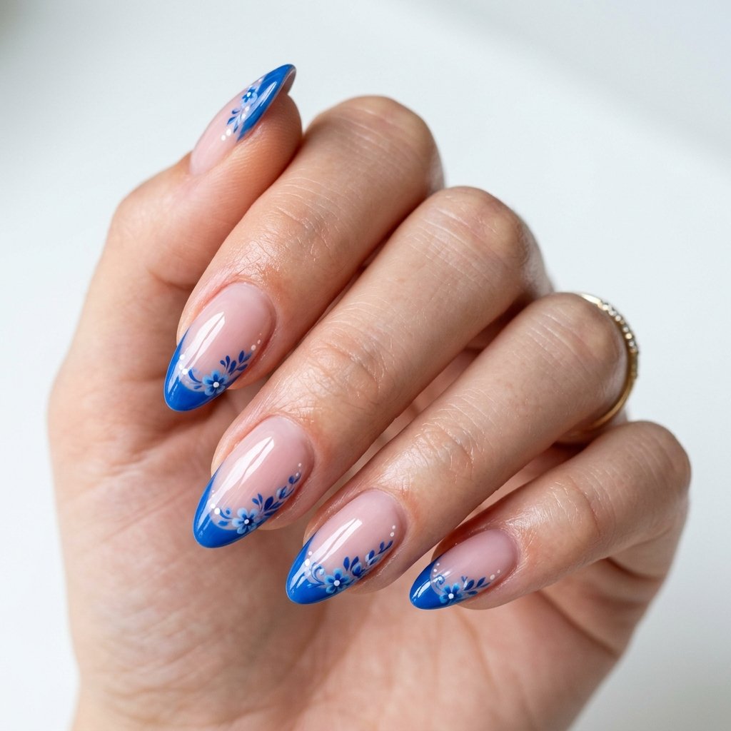 17 Blue Nails With Flowers Ideas for a Soft and Elegant Manicure 4 Blue Floral French Tips