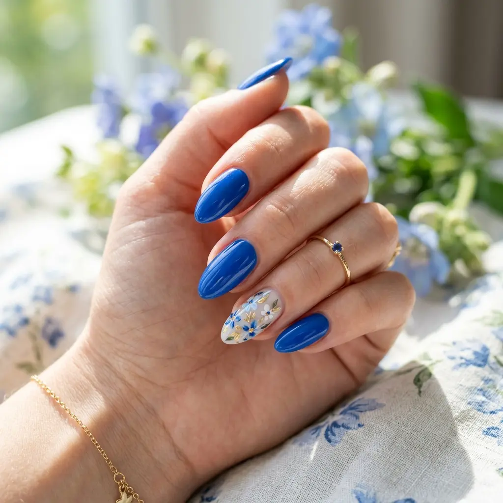 Blue Floral Accent Nails