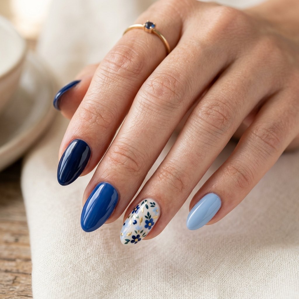 17 Blue Nails With Flowers Ideas for a Soft and Elegant Manicure 7 Blue Floral Mix Nails