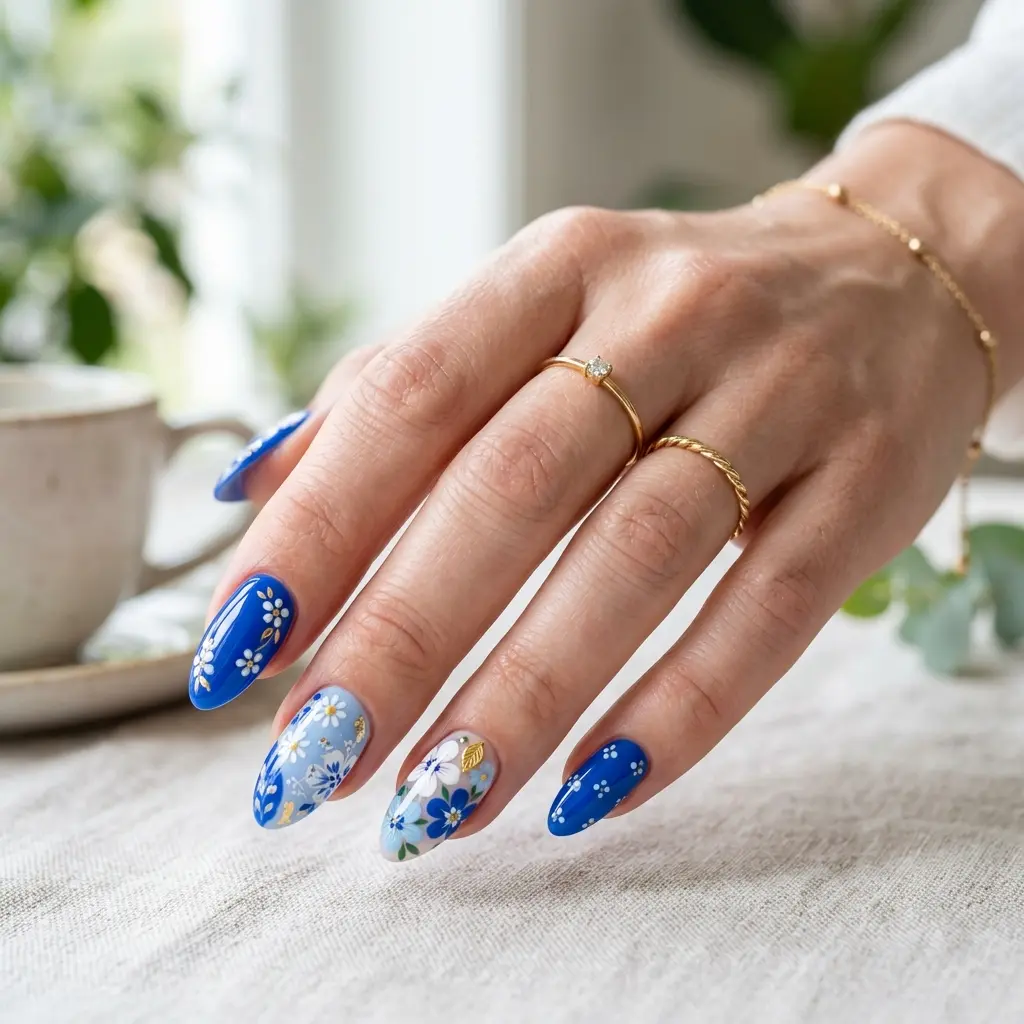 Blue Floral Mix Nails