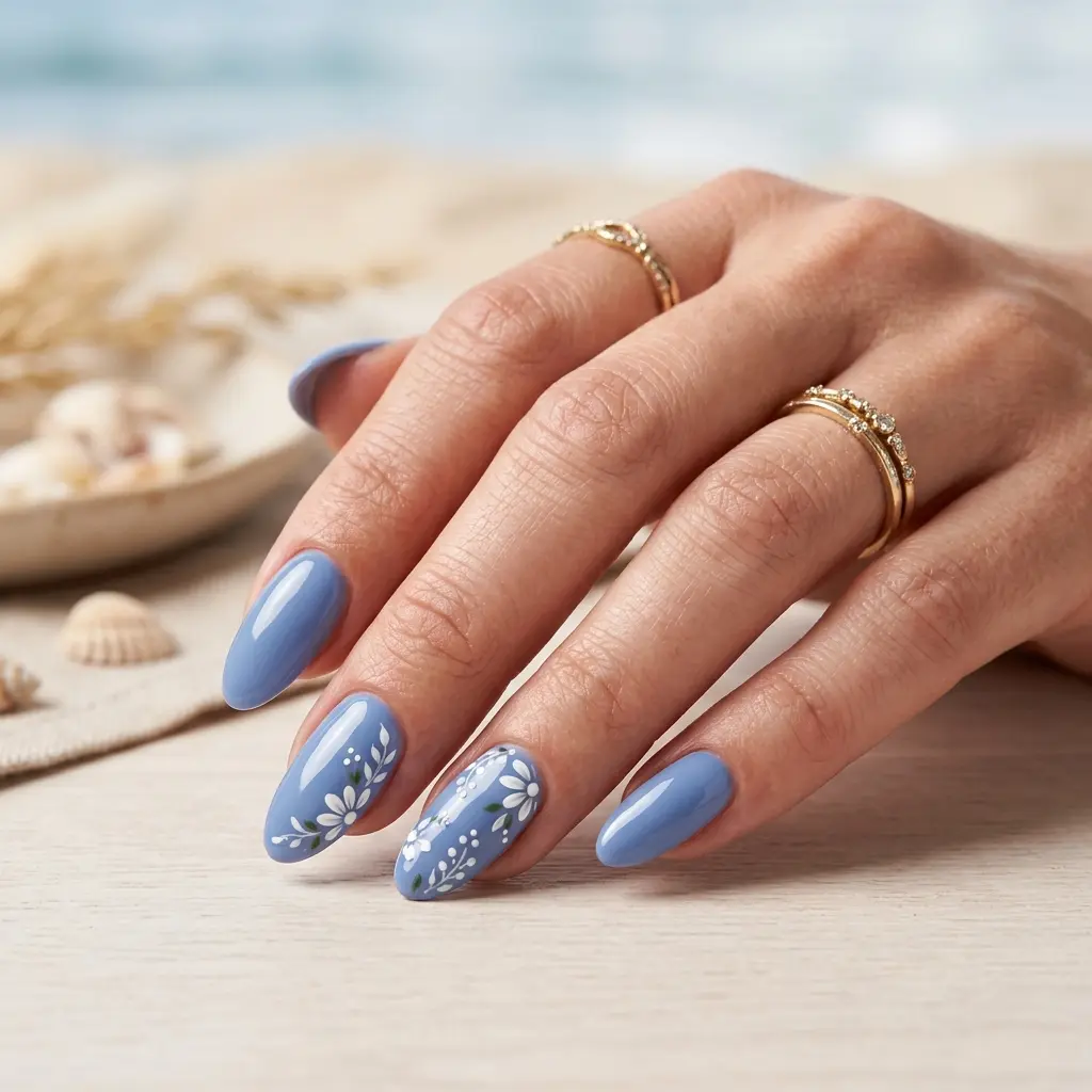 23 Blue Ocean Nails Ideas That Bring Coastal Vibes to Your Manicure 7 Coastal Blue Floral Nails