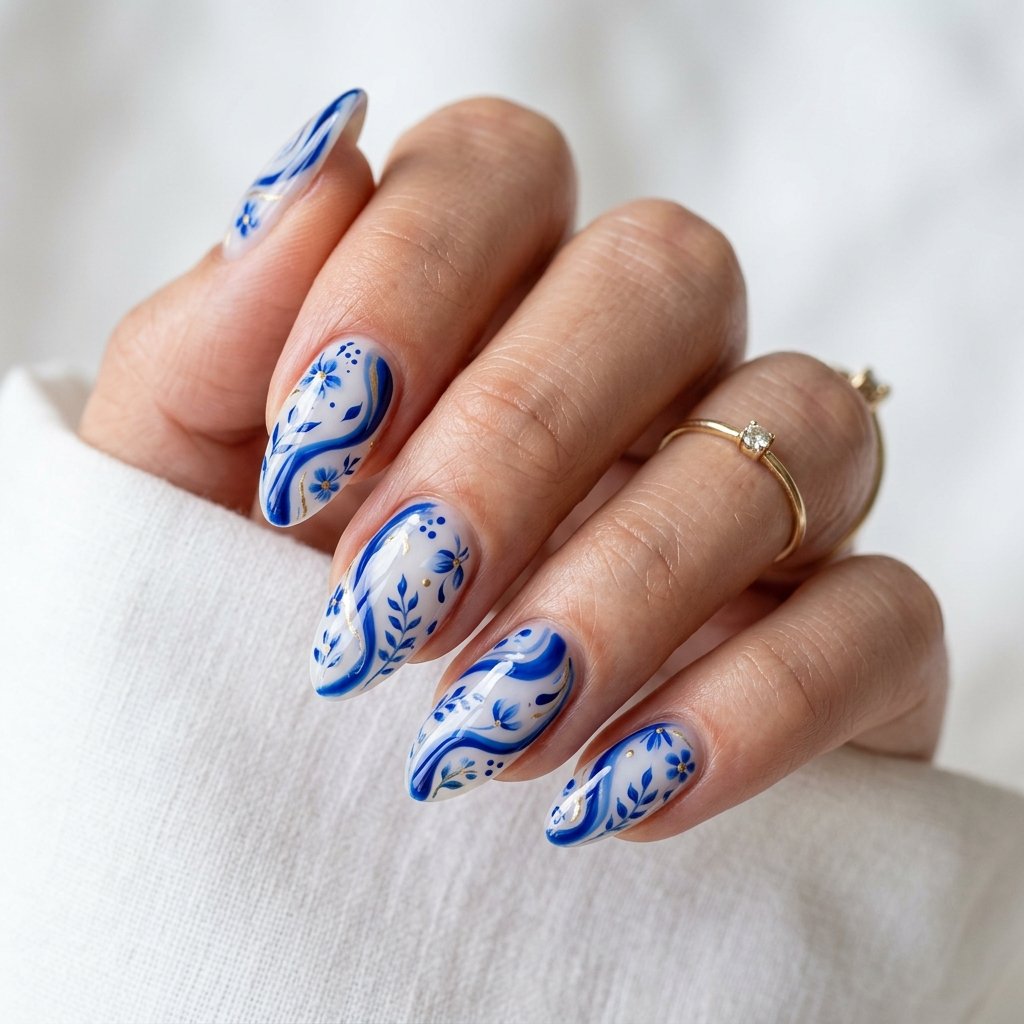17 Blue Nails With Flowers Ideas for a Soft and Elegant Manicure 13 Blue Floral Swirl Nails