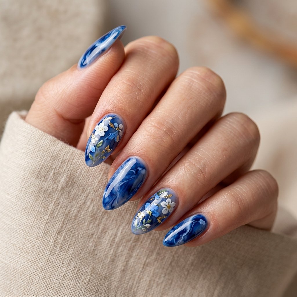 17 Blue Nails With Flowers Ideas for a Soft and Elegant Manicure 10 Floral Marble Blue Nails