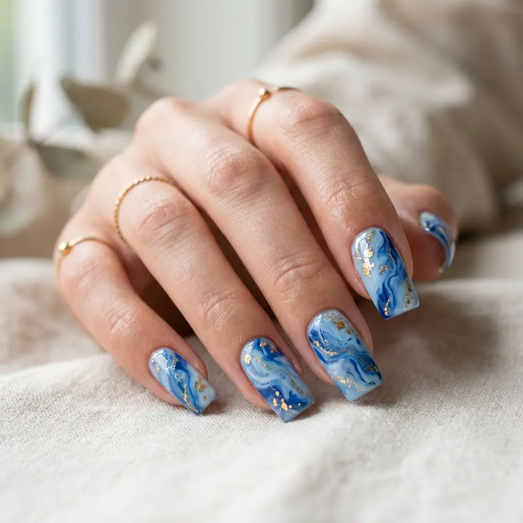 Blue Marble Nails with Gold Details