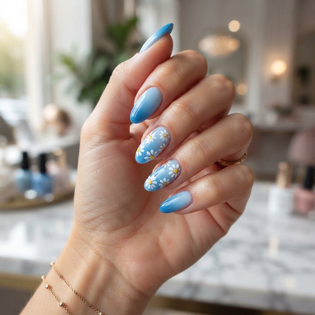 16 Blue Nails With Daisy Ideas for a Fresh Floral Manicure 11 Blue Ombre Daisy Nails