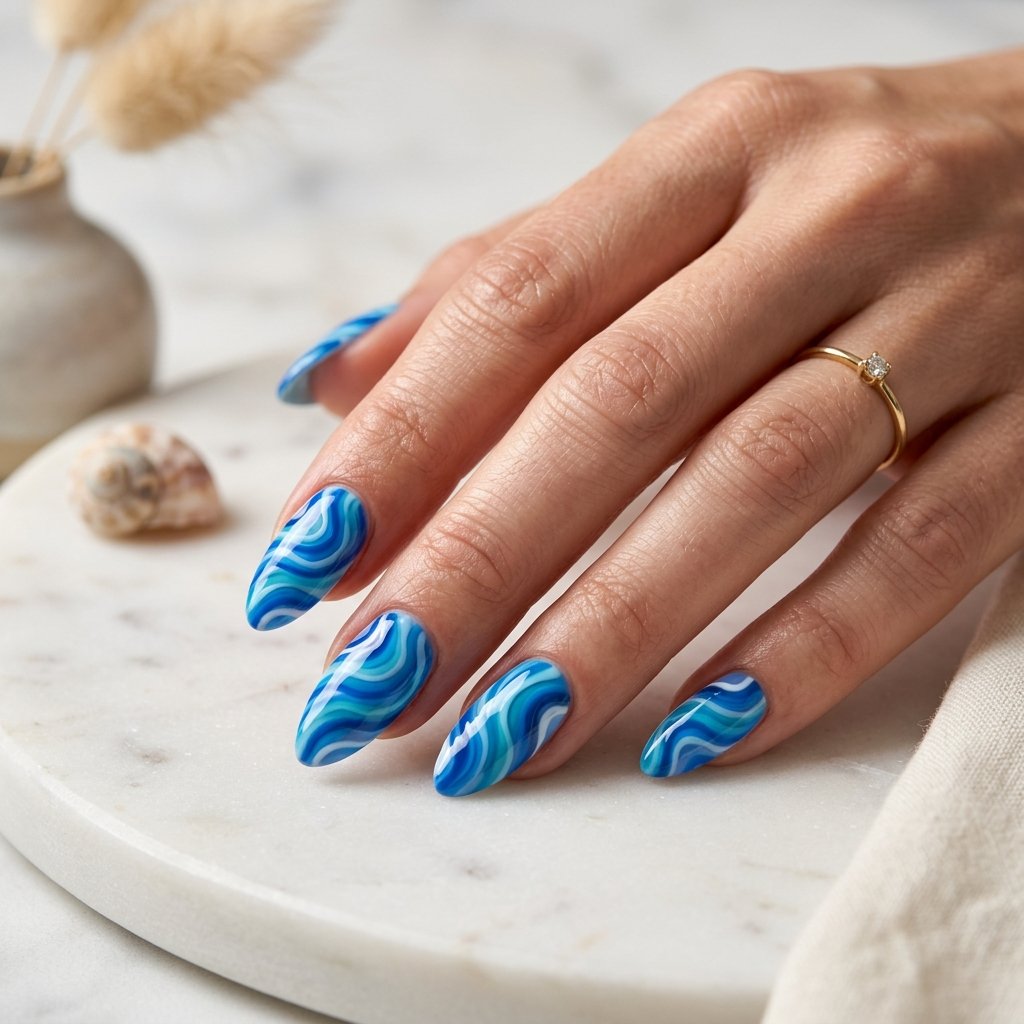 23 Blue Ocean Nails Ideas That Bring Coastal Vibes to Your Manicure 8 Blue Ripple Nails