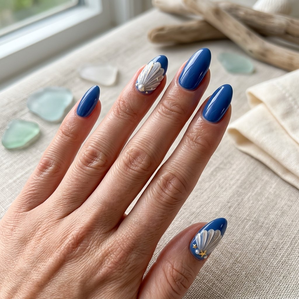 23 Blue Ocean Nails Ideas That Bring Coastal Vibes to Your Manicure 12 Blue Shell Accent Nails