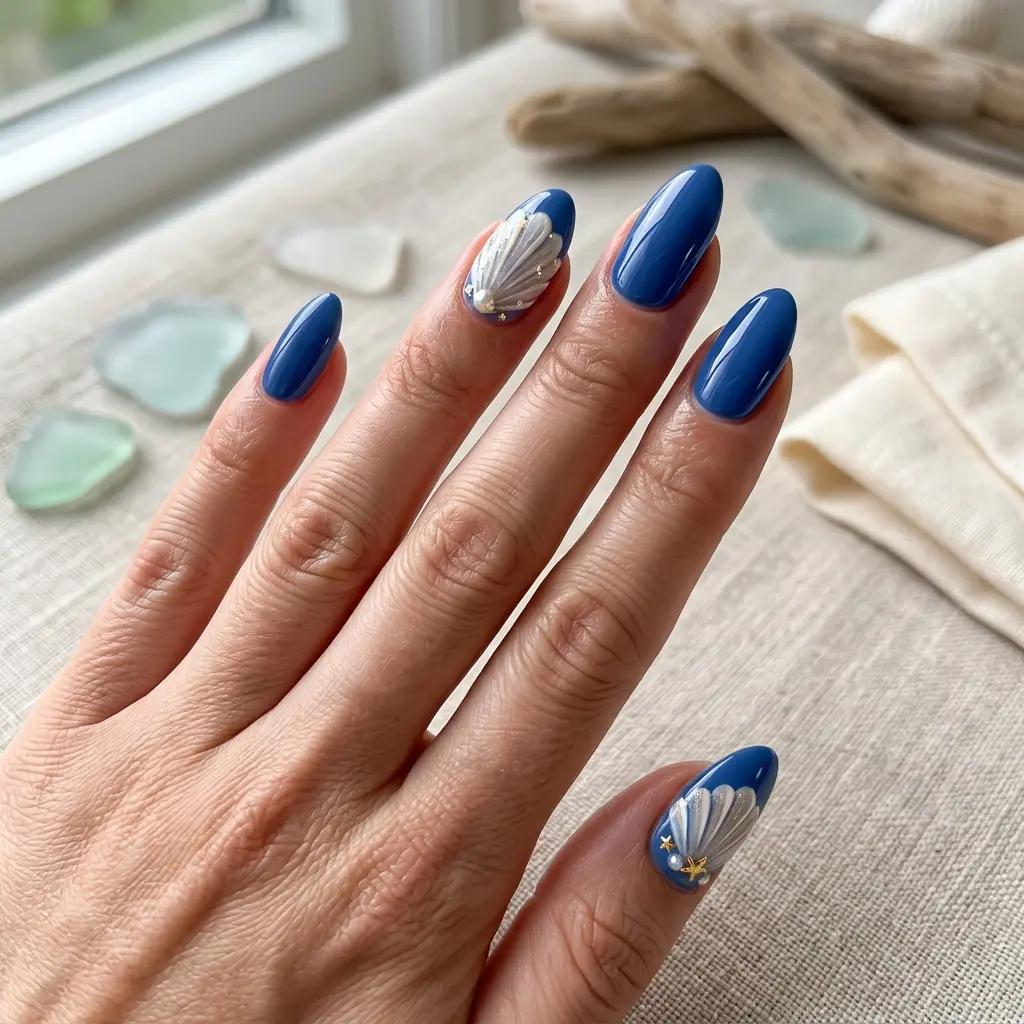 23 Blue Ocean Nails Ideas That Bring Coastal Vibes to Your Manicure 12 Blue Shell Accent Nails
