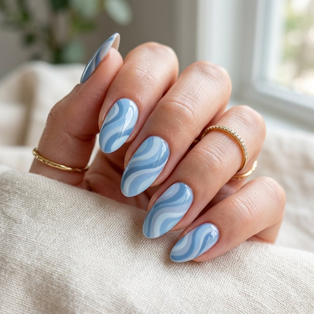 Soft Blue Swirl Nails