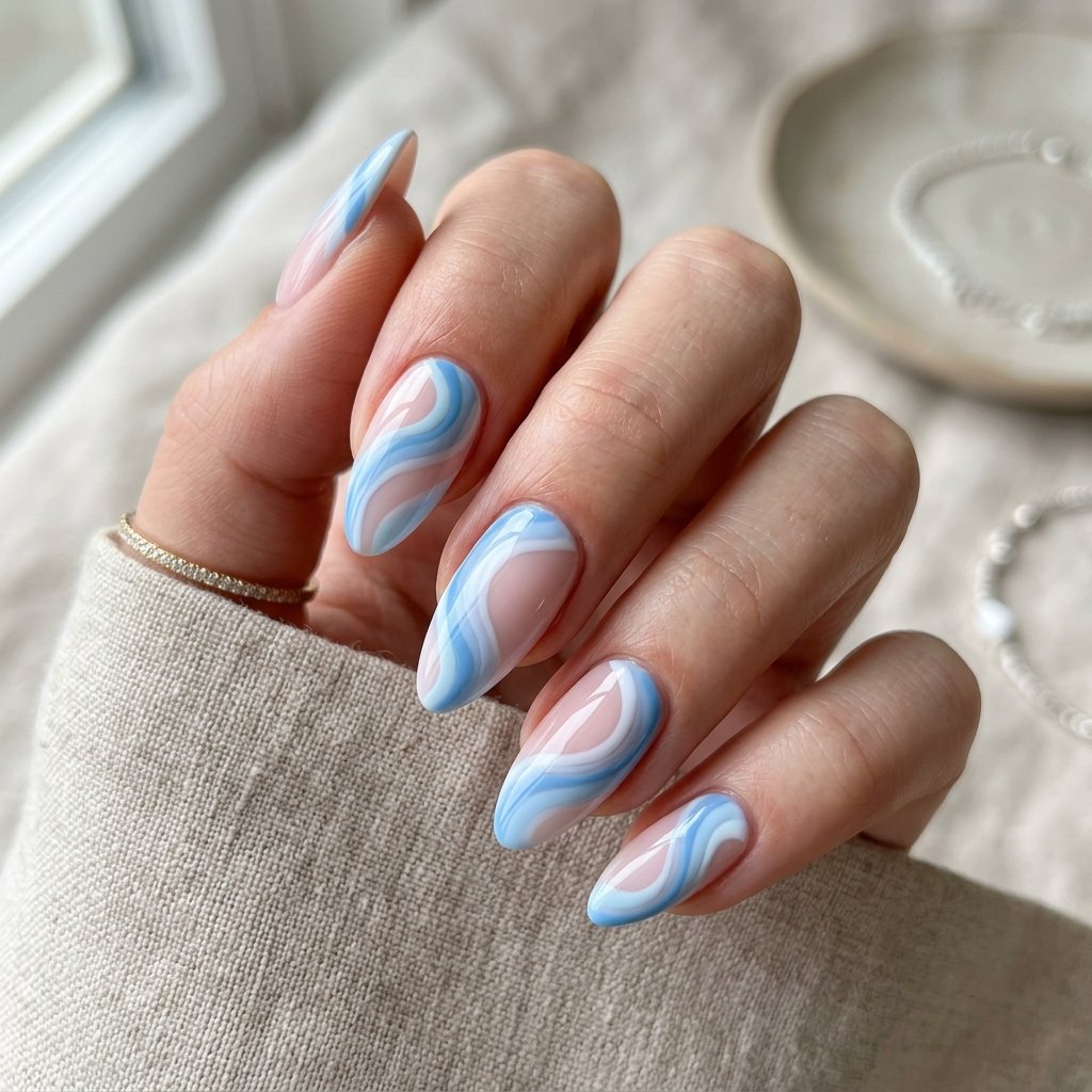 18 Blue Nails Inspiration Ideas Everyone Is Loving Right Now 5 Soft Blue Swirl Nails