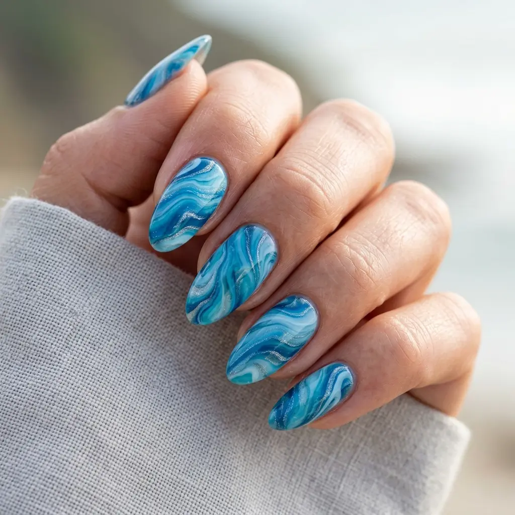 23 Blue Ocean Nails Ideas That Bring Coastal Vibes to Your Manicure 16 Blue Water Marble Nails