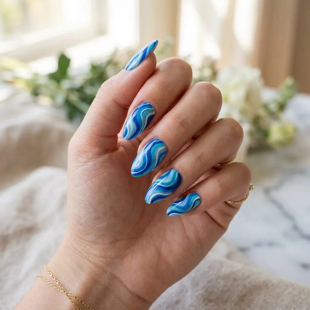 Blue Wave Swirl Nails