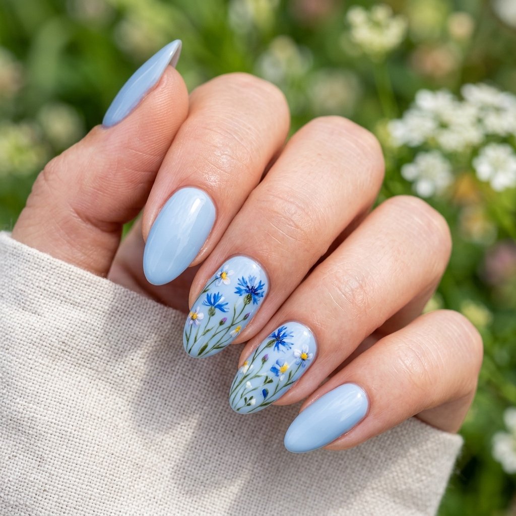 17 Blue Nails With Flowers Ideas for a Soft and Elegant Manicure 9 Blue Wildflower Nails