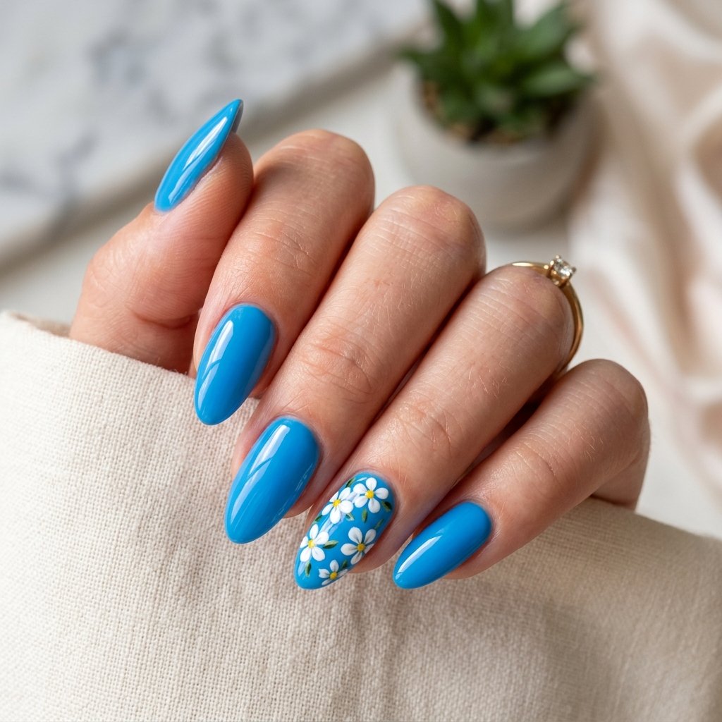 17 Blue Nails With Flowers Ideas for a Soft and Elegant Manicure 16 Bright Blue Floral Nails