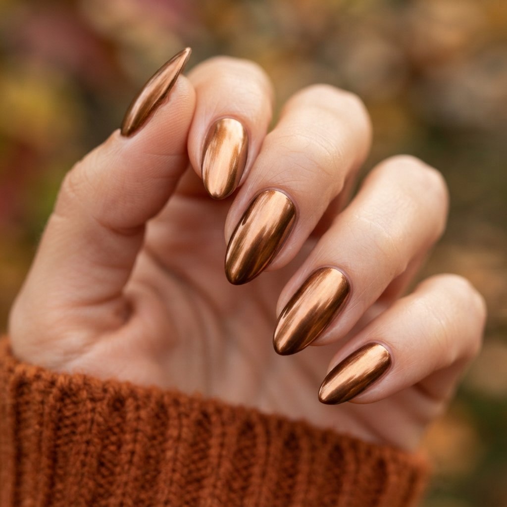 22 Fall Nail Inspiration Ideas You Need to Save Before Your Next Mani 19 Bronze Metallic Nails