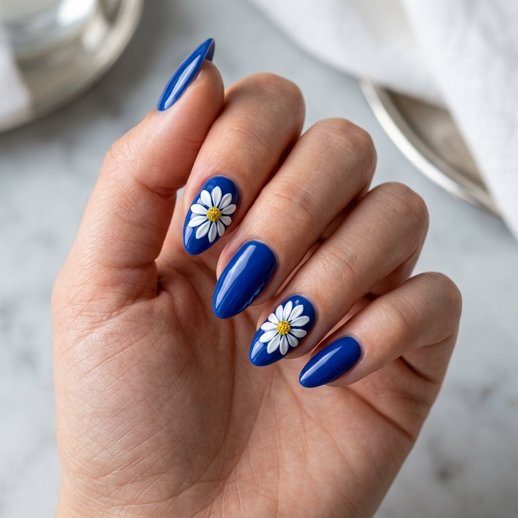 16 Blue Nails With Daisy Ideas for a Fresh Floral Manicure 16 Cobalt Blue Daisy Nails