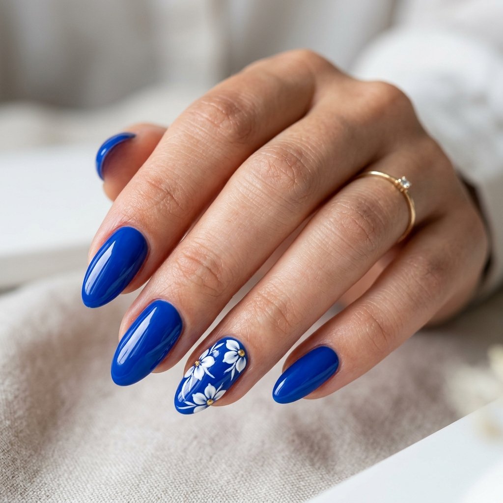 17 Blue Nails With Flowers Ideas for a Soft and Elegant Manicure 5 Cobalt Blue Flower Nails